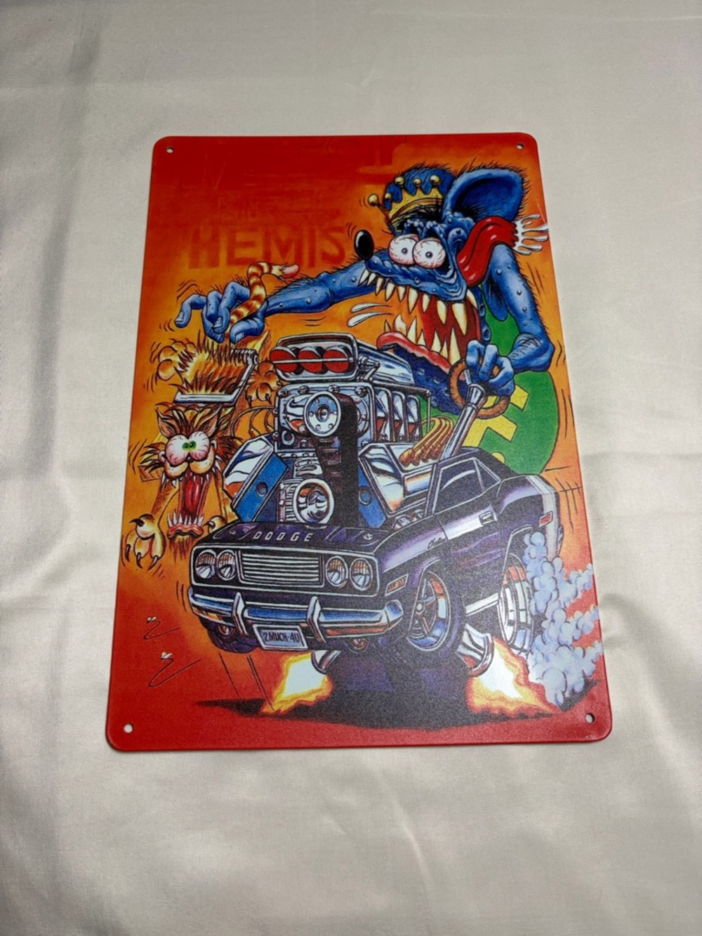 Rat Fink Style Dodge Muscle Car Metal Sign - Orange Blue